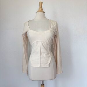 Solid Cream Long Sleeve Ribbed Corset Milkmaid Cut Out Top